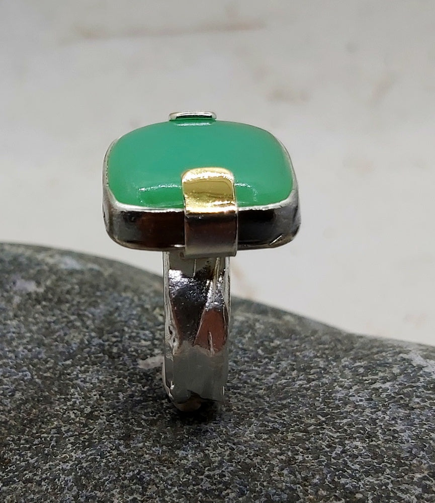 Square Cabochon Chrysoprase silver and gold ring, size 7.25